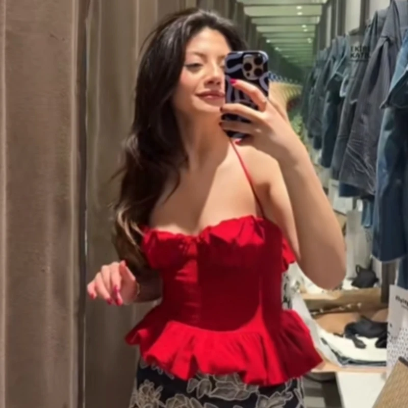HXAO Halter Crop Top Damen Sommer 2026 Sexy Rotes Gerüschtes Camisole Bustier Ärmelloses Rückenfreies Top mit Trägern Streetwear Cami Top – Detail 9