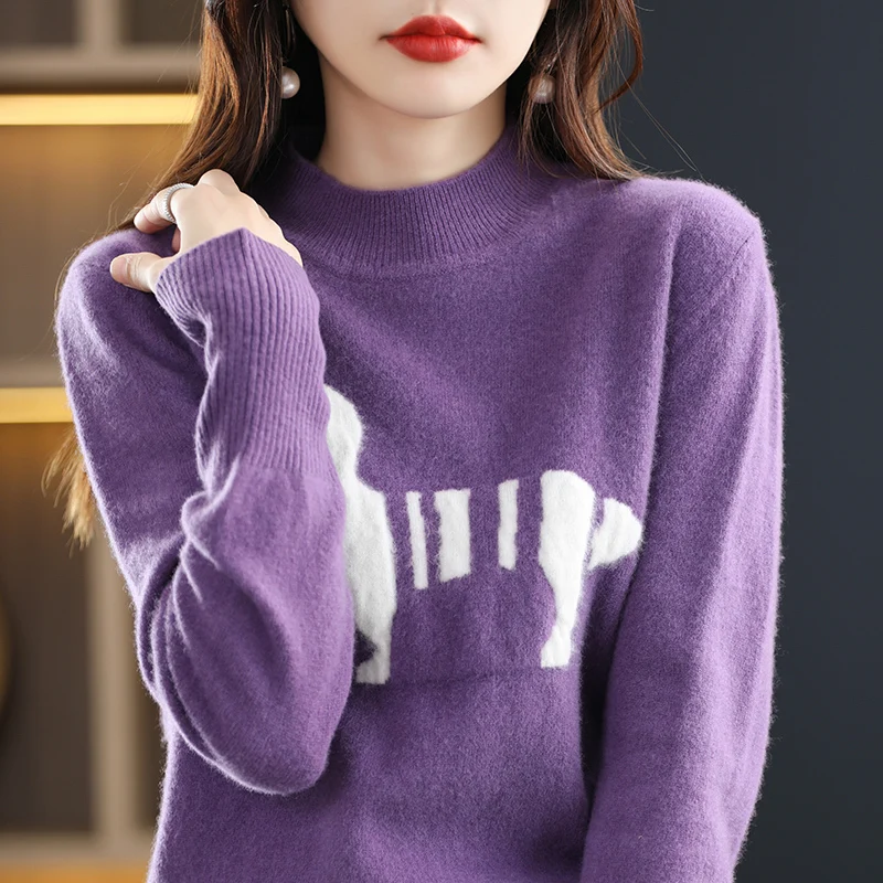 

2025 Half Turtleneck Autumn Winter New Women Sweater 100% Wool Knitted Pattern Pullover Comfortable Loose Top Women's Clothing