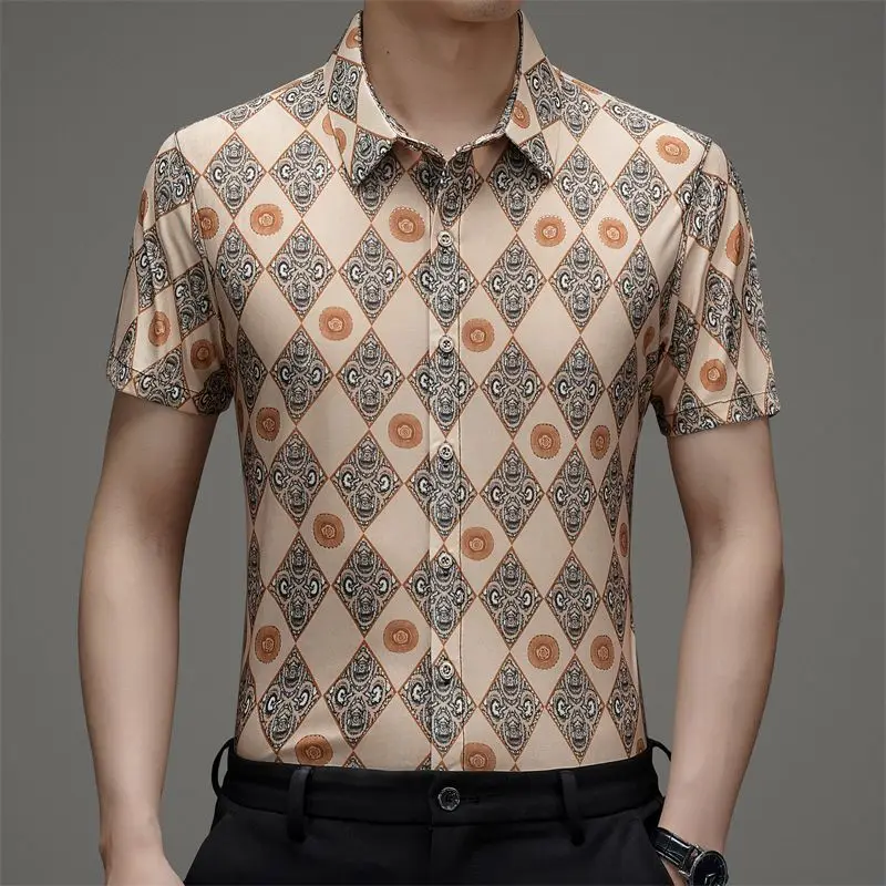 

Men's Summer Button Printing Geometric Short Sleeve Turn-down Collar Cardigan Shirt Contrast Color England Style Vintage Tops