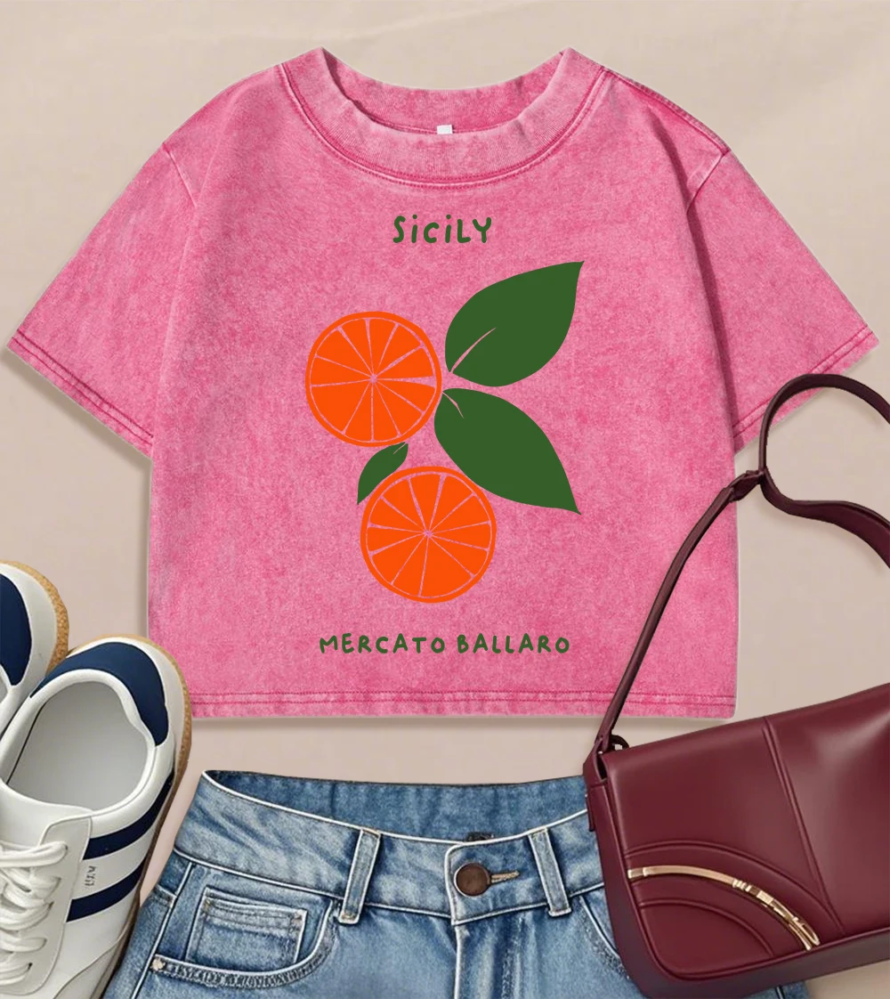 

Sicily Mercato Ballaro Orange Fruit Print Washed Slim T-Shirt Women Casual O-Neck T Shirt Hip Hop Short Sleeve Cotton Crop Top