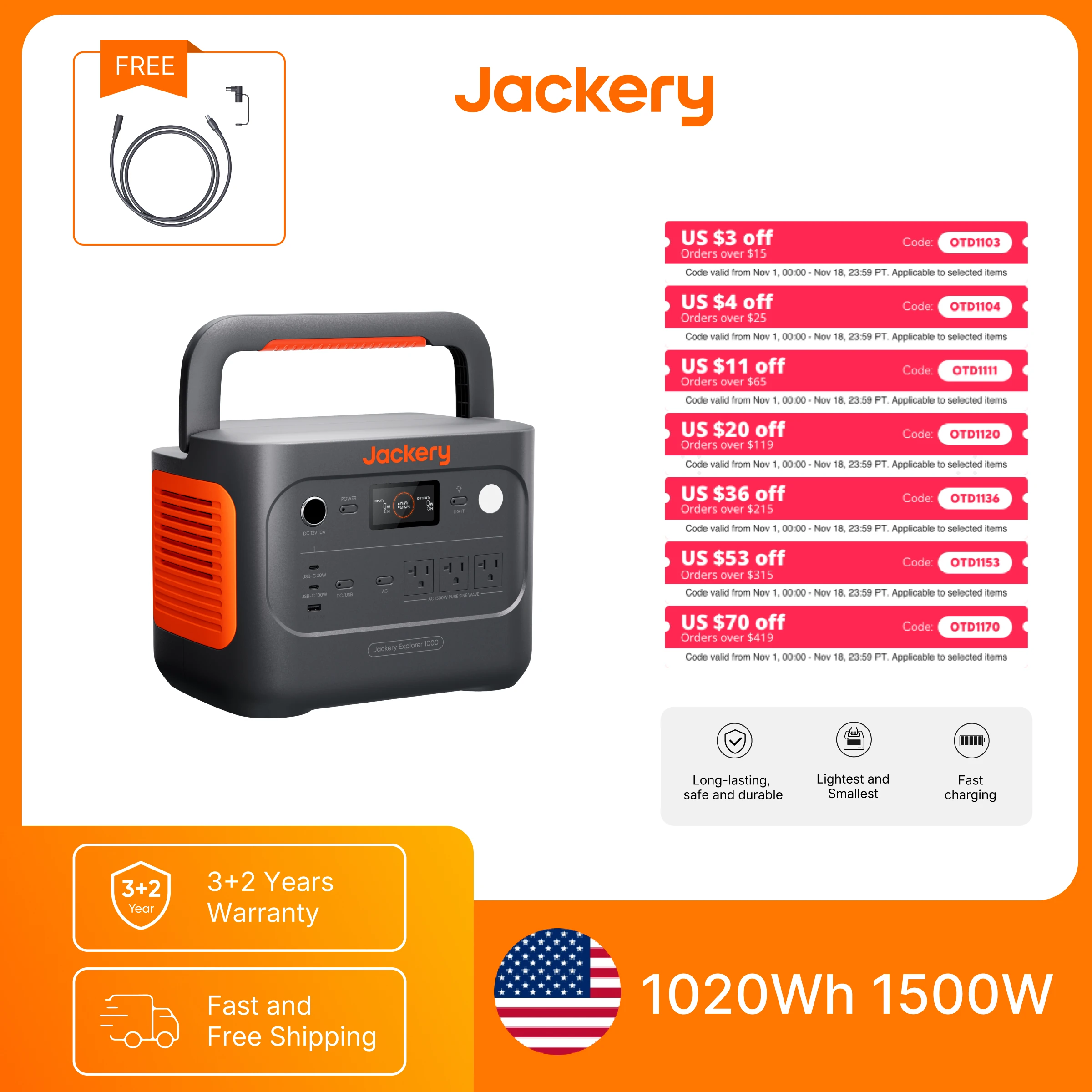 Jackery Explorer 1000 v2 Portable Power Station and  5M Extentsion Cord, Solar Compatible for Camping, RV, Emergencies