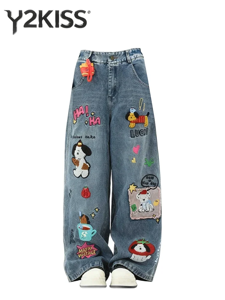 Women's Baggy Jeans Wide Fit Cartoon Embroidery Denim Pants High Street Y2K Harajuku Cowboy High Quality