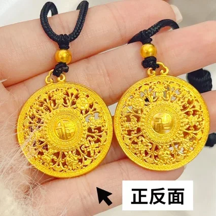 

24K gold pendant eight treasure compass 999 pendant blessing hollow disc necklace braided rope female pure gold gift jewelry