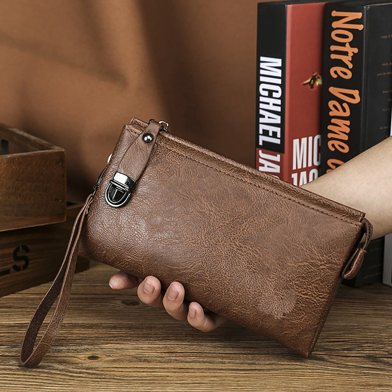 Bolso de mano Vintage de gran capacidad para hombre, billetera multifunción con broche y cremallera, bolsillo para teléfono móvil