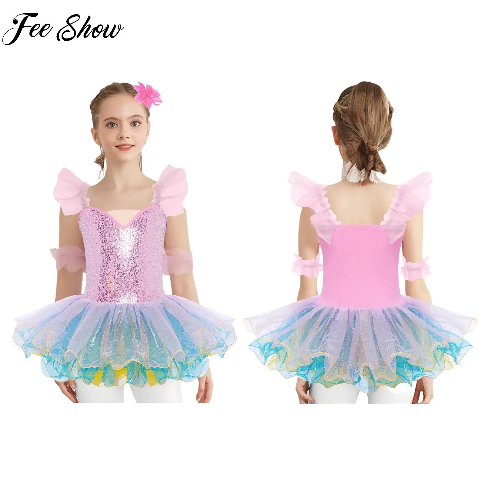 Ballet Leotard Outfit for Girls Dance Skirt Ballerina Dress Kids Ruffled Sleeves Sequins Skating Performance Dancewear Outfits