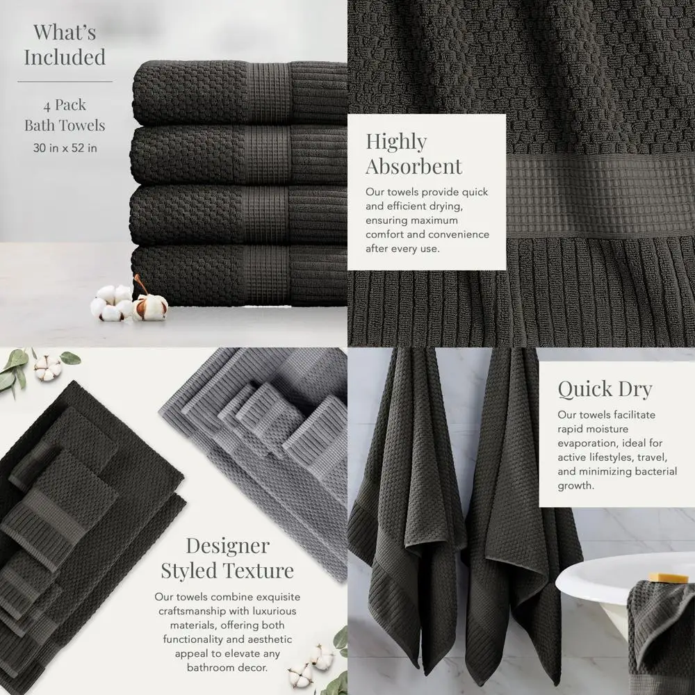 

Набор из 4 хлопковых банных полотенец, 30x52, серые, быстросохнущие, впитывающие, сертифицированные OEKO-TEX, можно стирать в машине