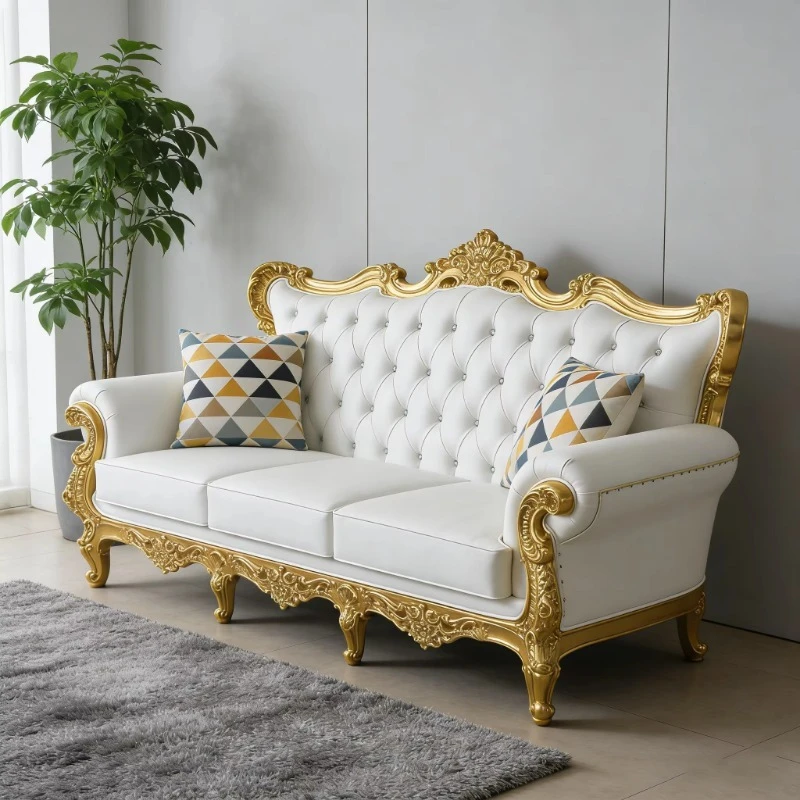 Double sofa solid wood frame hand-carved gold decoration