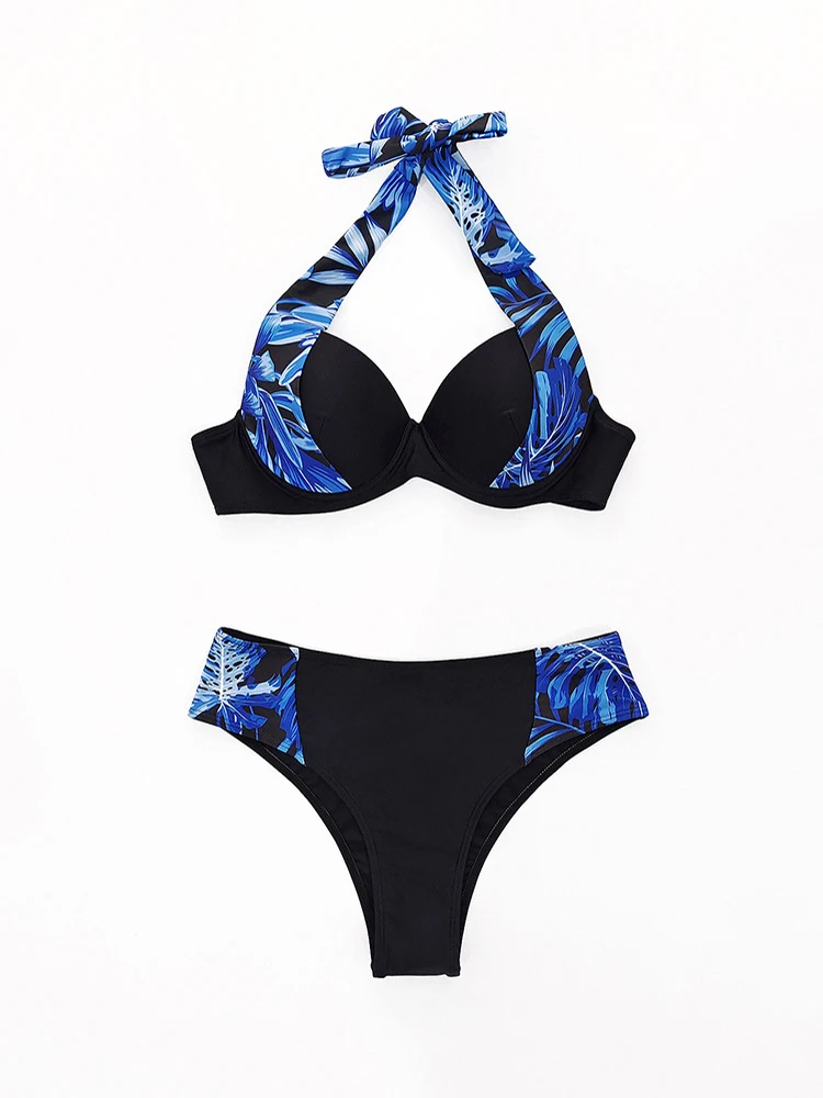 Sexy Swimwear Women Neck-mounted Lace Up Bikini Set Black Spliced Fashion Beachwear Summer 2026 New Casual Split Swimsuit