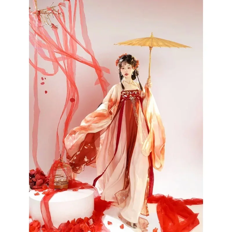 Chinese Traditional Women Dress Girl Orange Flower Print Cape Red Peony Print Dress Hanfu Suit Vestidos De Verano Mujer