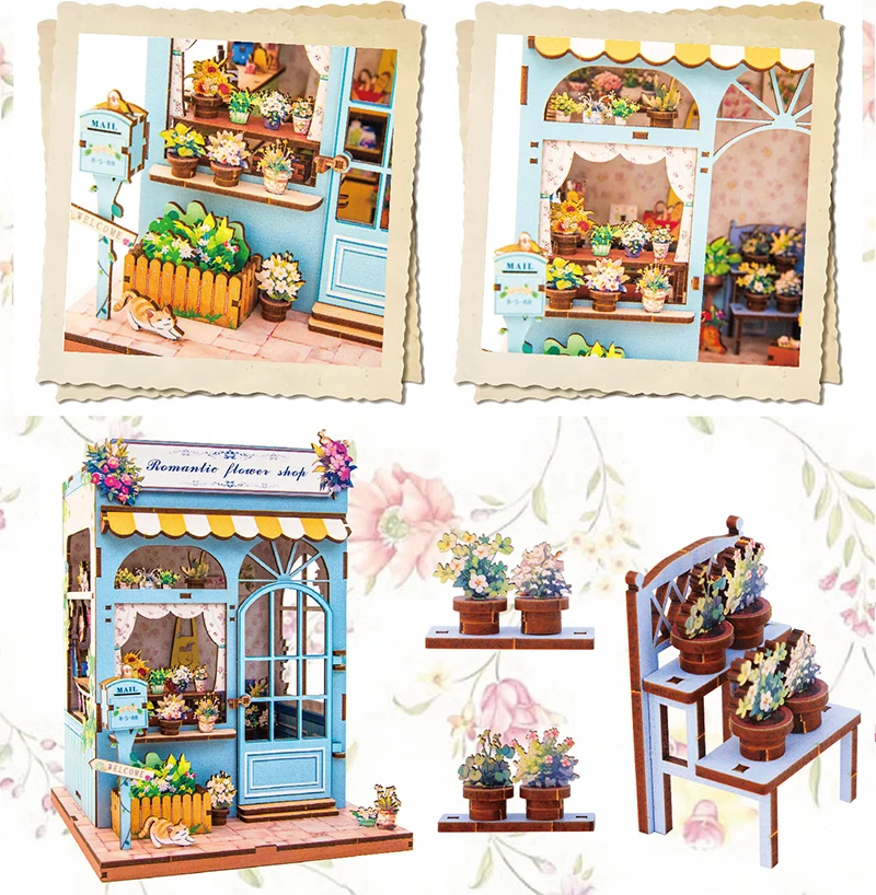 DIY Wooden Miniature Model Kit Romantic Flower Casa Blue Room 3D Puzzle Doll Houses With Furniture for Friends Birthday Gifts