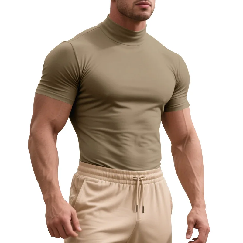 Sommerliches, einfarbiges Herren-Kurzarm-T-Shirt, modisches, lässiges, enganliegendes Rollkragen-Shirt, dünnes Unterhemd