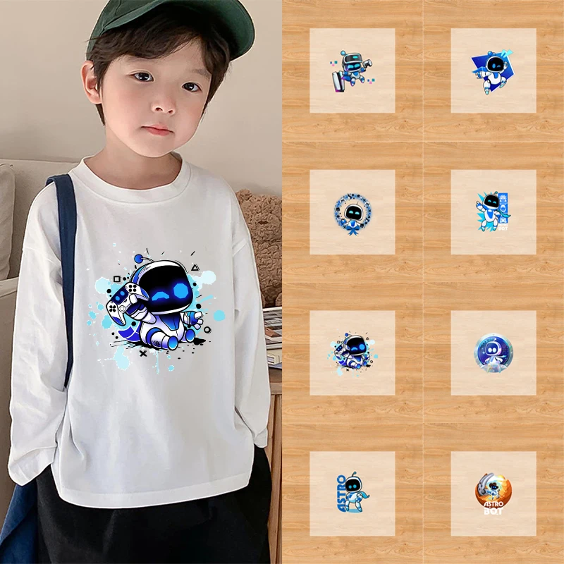 Astro Bot Iron on Stickers Cartoon Game Character Print Heat Transfer Sticker Kawaii T-shirt Sweatshirt Decoration Accessories