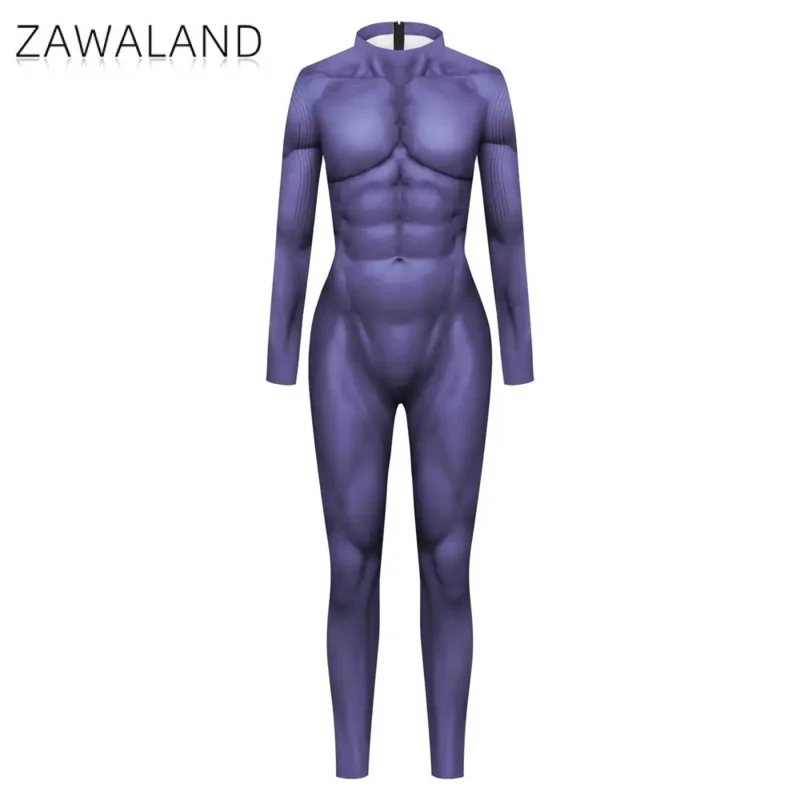 Kostium Cosplay Purim Muscle 3D Print Męskie kombinezony z długim rękawem Halloween Karnawał Występ Zentai Catsuit Strój body