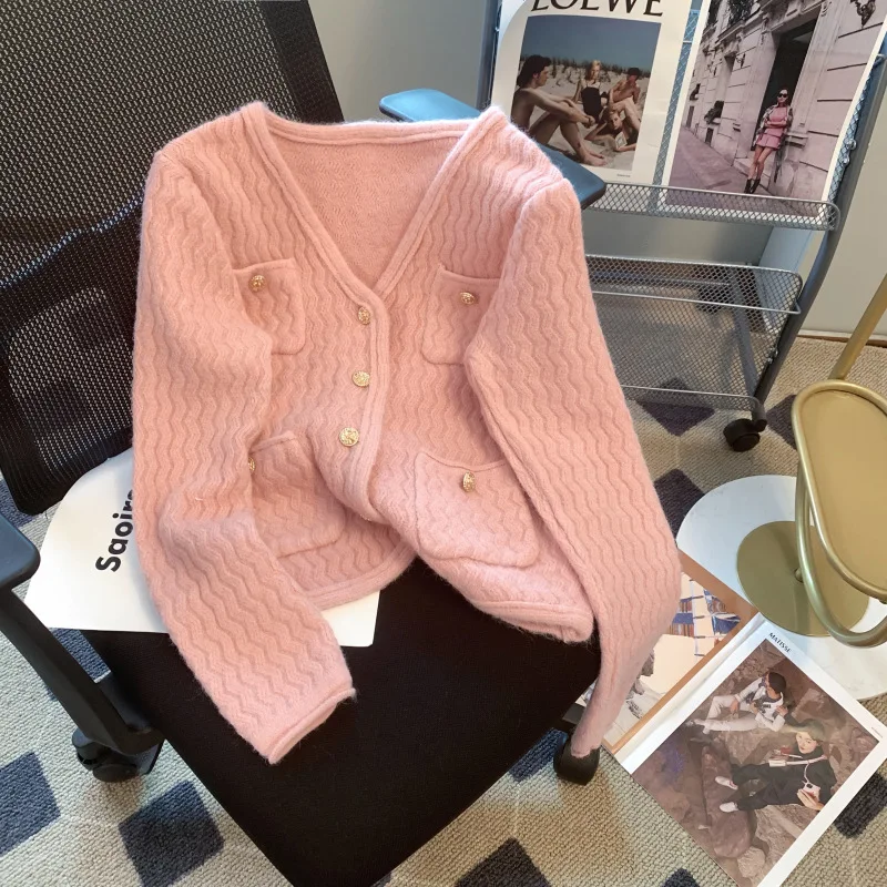 女性用Vネックショートシックニットカーディガン,セーターコート,レッド,スカイブルー,ベージュ,ピンク,秋,新品,2024