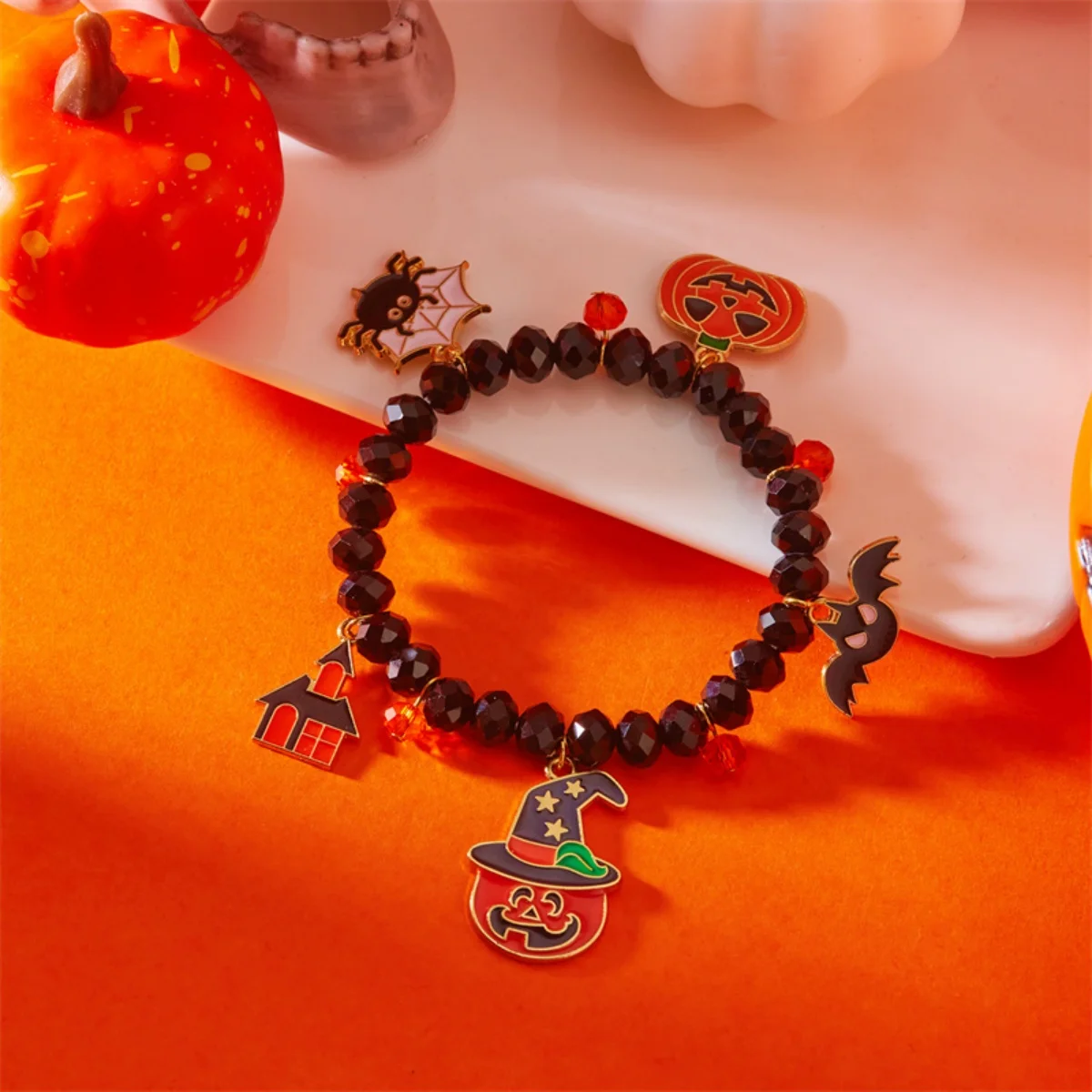 Gothic Black Crystal Beaded Bracelets Pumpkin Spider Bat Castle Ghost Skull Evil Eye Bangle For Women Men Halloween Jewelry Gift
