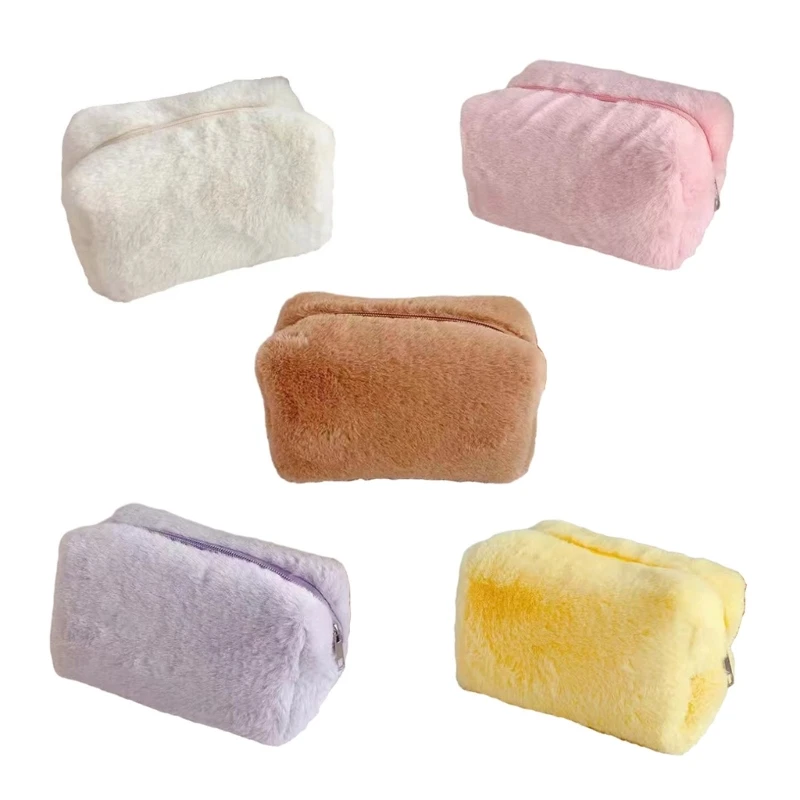 Stylish Furry Plush Makeup Bag Women Autumn Winter Solid Color Zipper Cosmetic Pouch Travel Toiletries Organizer Storage Handbag