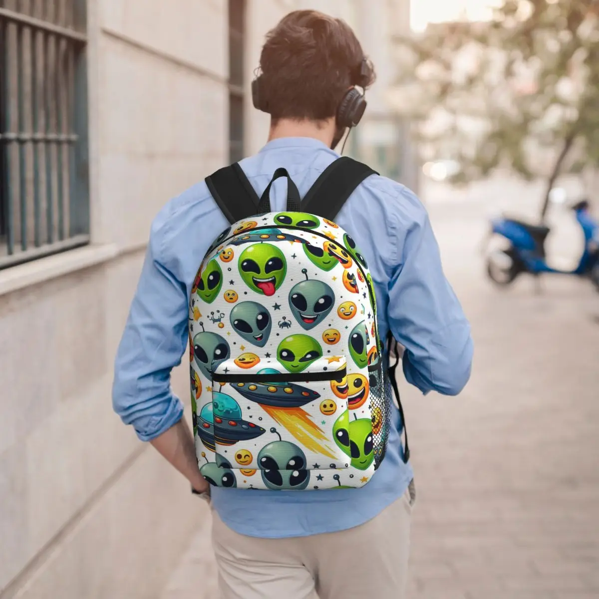 Green Alien And UFO Pattern Student Backpack School Bag Hiking Travel Daypack for Men Women Bookbag Shoulder Bags