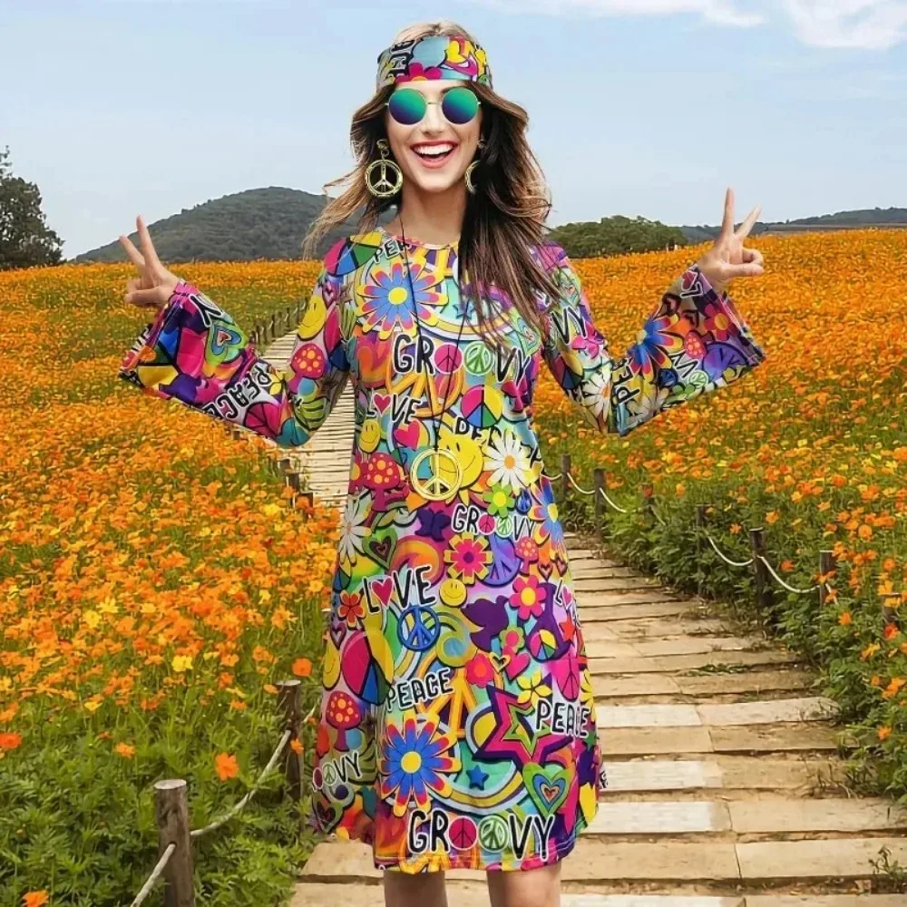 Women’s Hippie Dress 1970s Costume Necklace Earrings Sunglasses Disco Outfit 1960s Party Costume Halloween Retro Dress (M Size) view 6