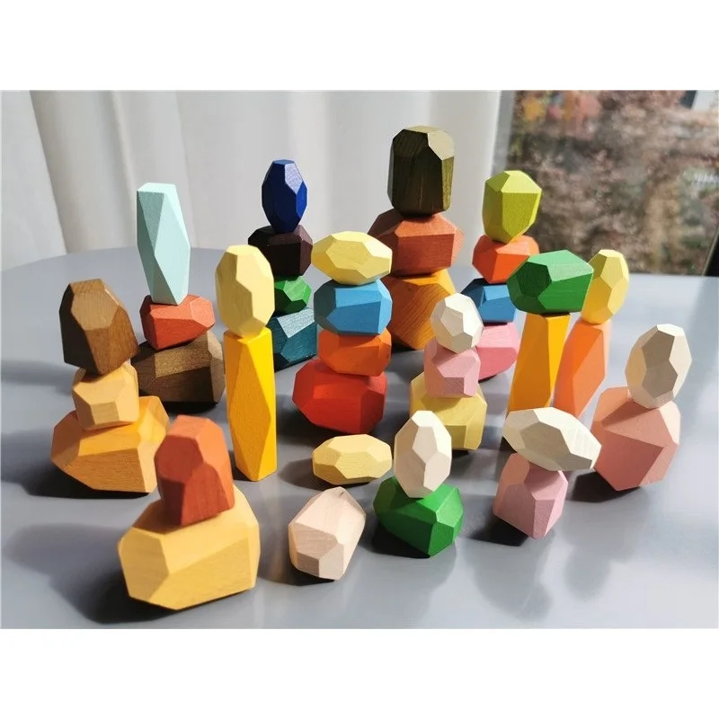 Wooden Toys Pine Rainbow Stacking Balance Stones Building Blocks Beech Pastel Gems for Kids Educational Play