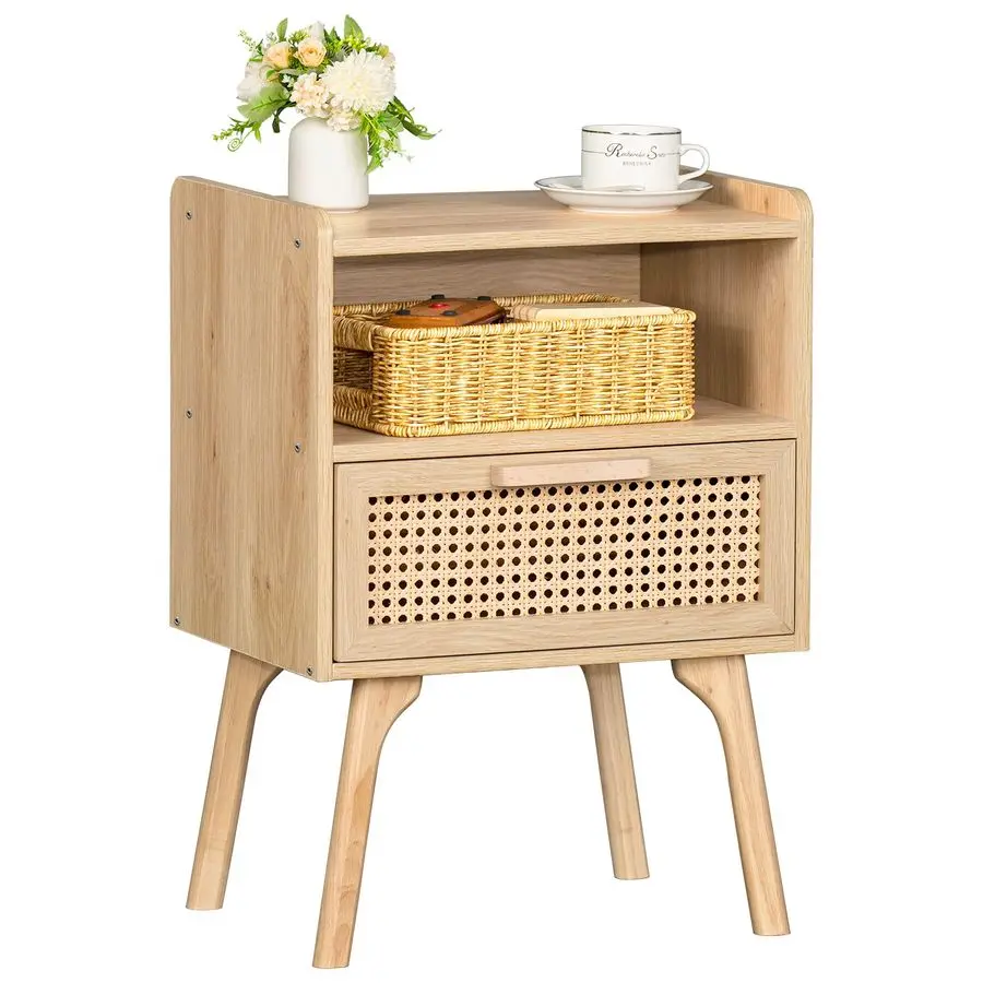 

Rattan Nightstand, Boho Side Table with Drawer Open Shelf, Cane Accent Bedside End Table with Solid Wood Legs for Bedroom, Dorm