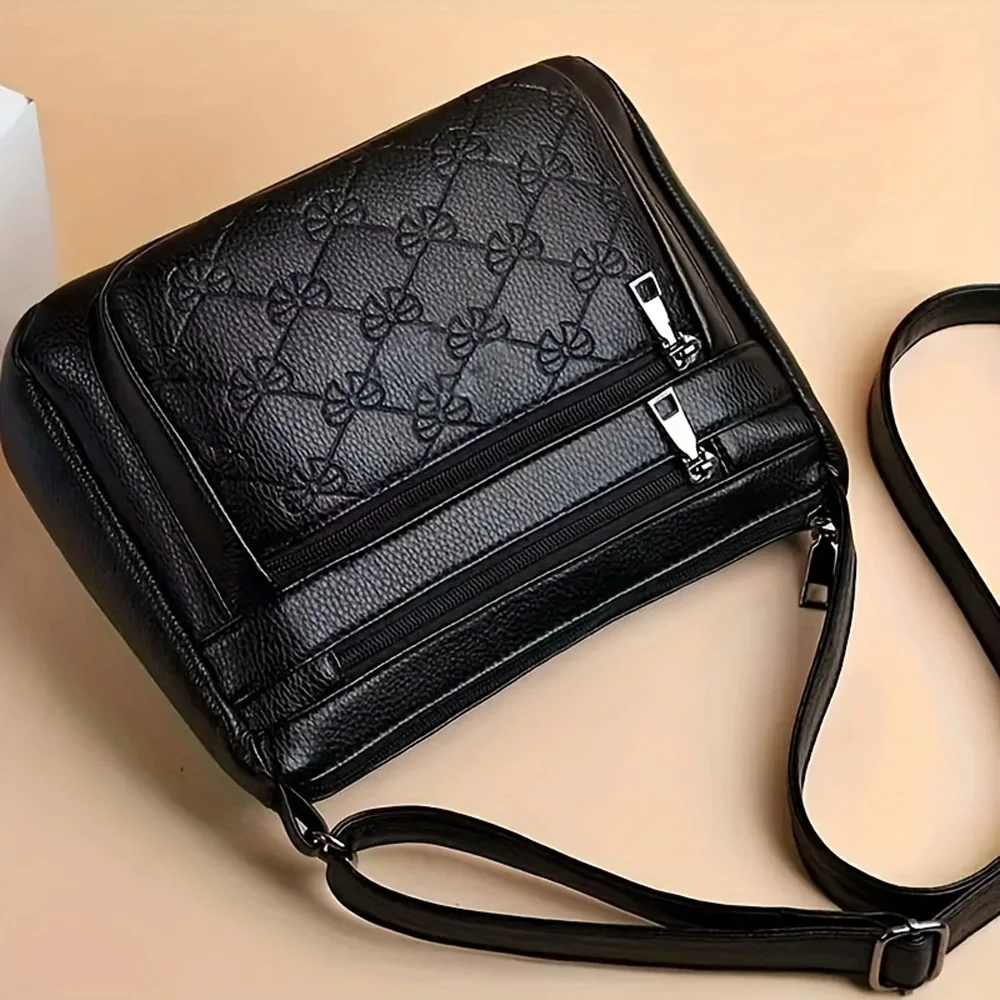 Damen Crossbody-Handtasche aus PU-Leder, große Kapazität, mit mehreren Fächern, schwarze geprägte Umhängetasche für Ausflüge und Partys – Detail 13
