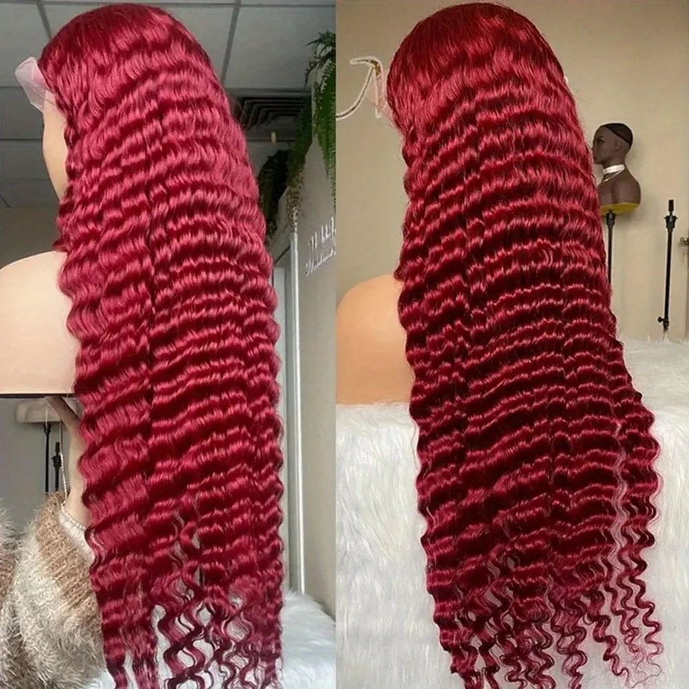 13x4 HD Transparent Lace Front Burgundy Curly Wigs Human Hair 30 Inch Wine Red Deep Wave Wet And Wavy Wig with Baby Hair Pre-Plucked Glueless Burgundy 200% Density Natural Color Long Deep Curly Wigs For Black Woman Beginner Friendly