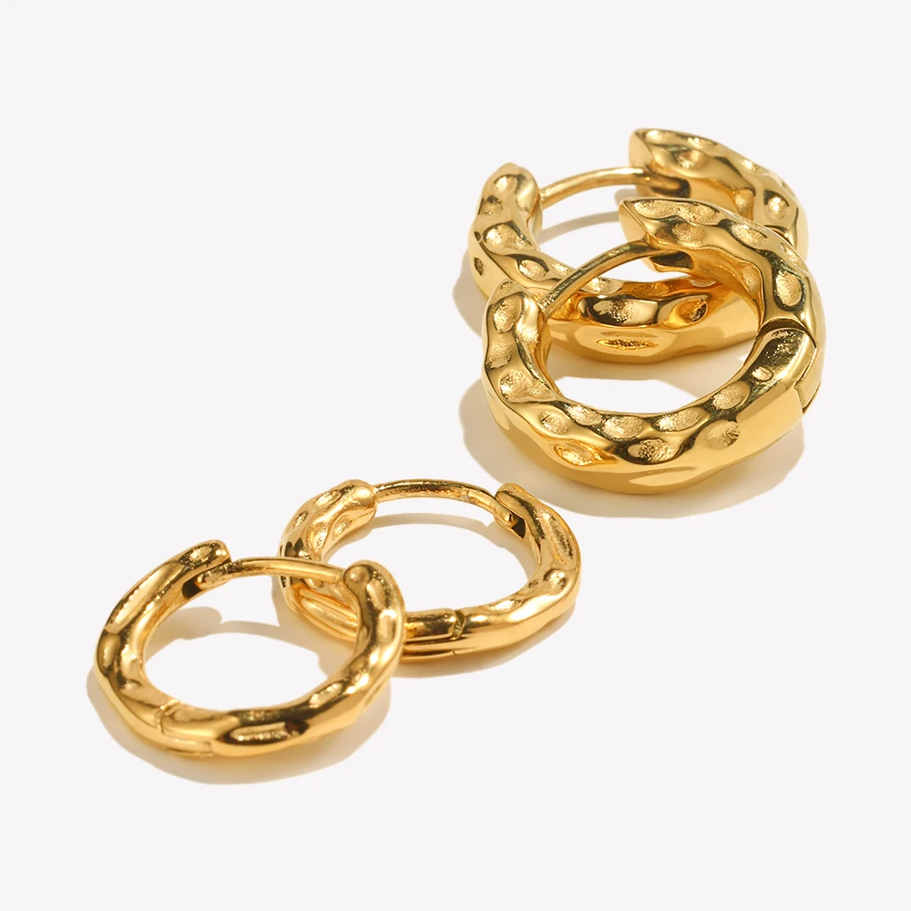 E.B.belle 2 sizes Chunky Thin Hammered Gold Plated Hoop Earrings For Women Vintage Jewelry Stainless Steel aretes para mujer