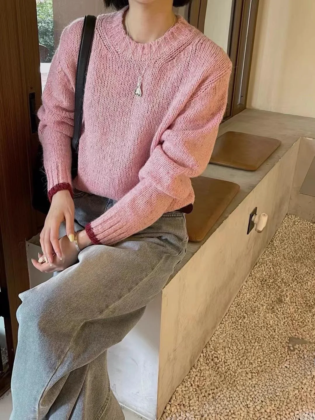 

Мягкий розовый шерстяной круглый свитер Cr Stberry Ne Ele Faionable Commute Sle Regular Length Overhead Knitwear