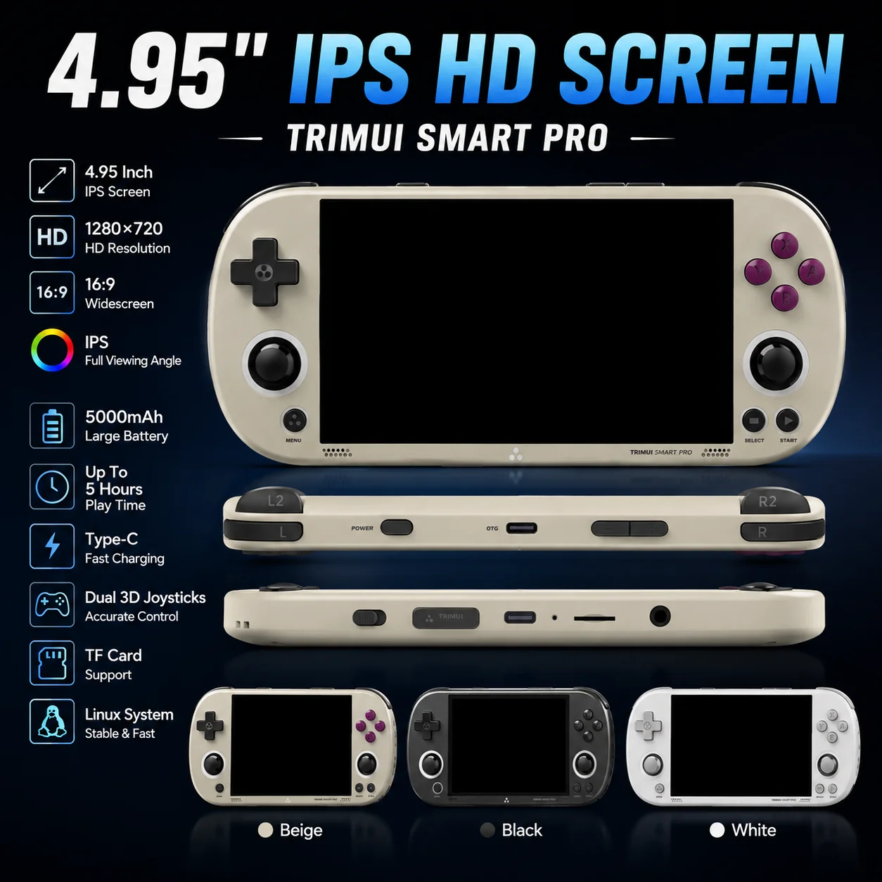 TRIMUI SMART PRO Handheld Game Console 4.95 Inch IPS 1280x720 HD Screen 5000mAh Linux System PSP PS1 PS2 Emulator Toy Game