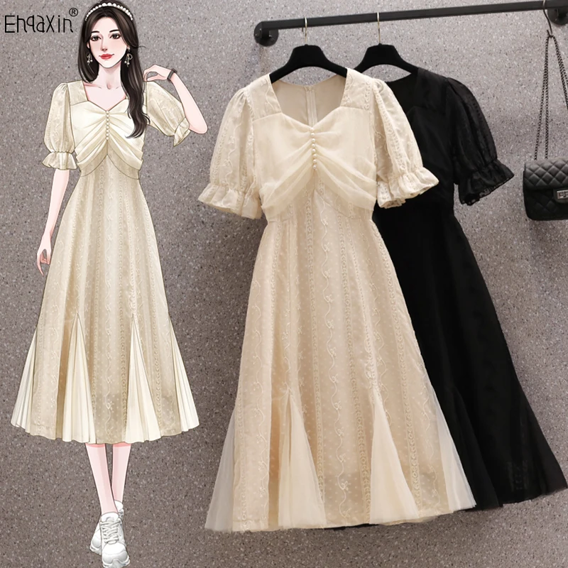 

EHQAXIN 2023 Summer New Women's Dress Fashion Gentle Korean Mesh Beaded Embroidery Elegant A-Line Dresses For Ladies M-4XL