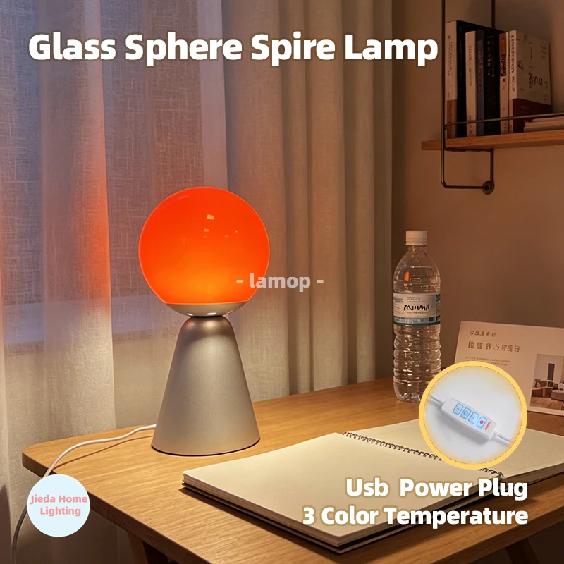 Murano Glass Luna Full Sphere Table Lamp Matte Dark Grey Conical Base 3 Tone Soft Light Minimal Art Wall Bedroom Dresser Decor