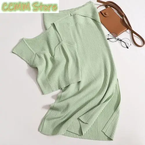 New Knitting 2 Piece Sets Womens Outfits Fashion Patchwork Sleeveless Casual Sets Chic Sexy Solid Midi Skirt Sets