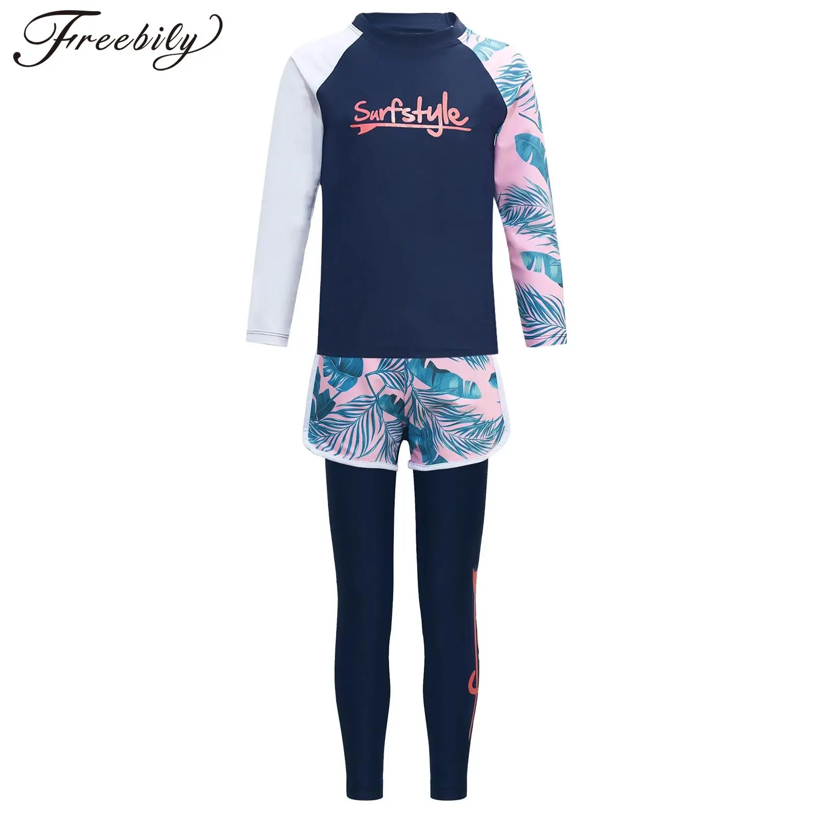 Kids 3 Pcs Set Swimwear Rash Guards Long Sleeve Print Swim Top with Shorts Pants Sun Protection Surfing Swimsuit Bathing Suit