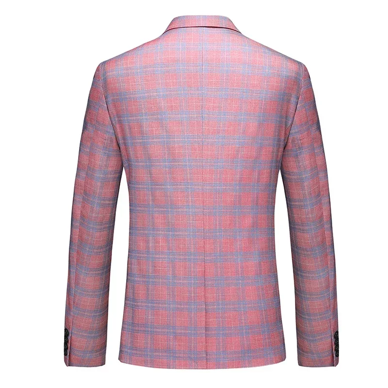 2024 New Red Double-breasted Men Striped Suit Jacket Fashion Slim Men Striped Plaid Dress Coat Red Purple Pink Gray Blazers 6XL