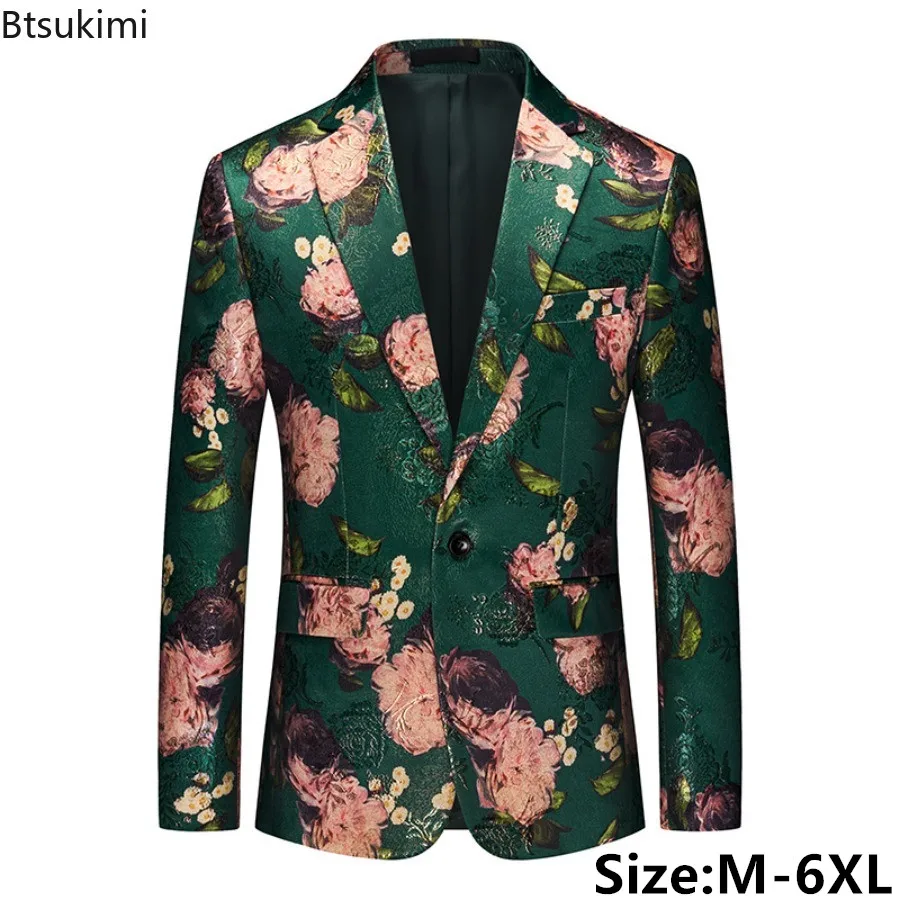 Oversized Single-breasted Printed Suit Jackets Men's Fashion Trim Dress Suit Coats Men Business Wedding Luxury Jacquard Blazers