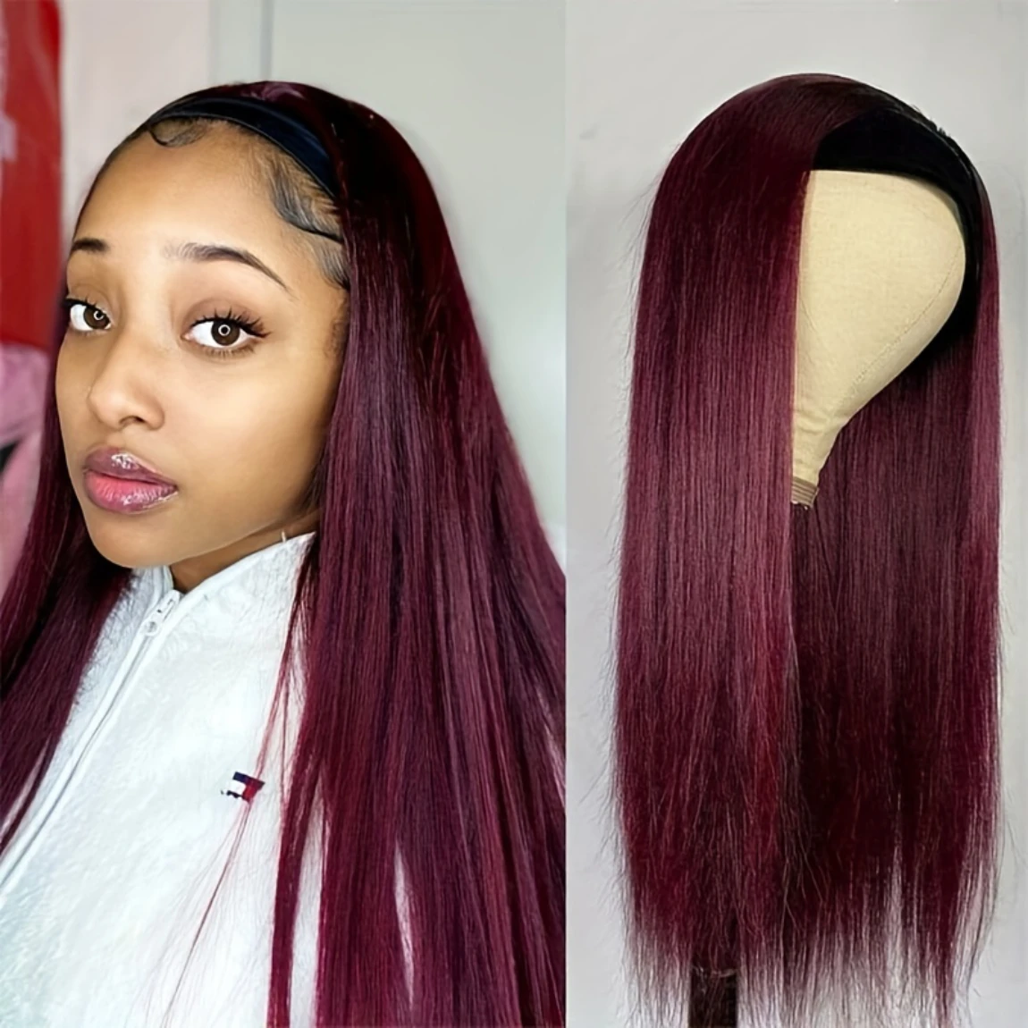 180% 99J Headband Wig Human Hair Straight Human Hair Wigs for Black Woman Burgundy Gluelees Full Machine Made Ready To Go Wig