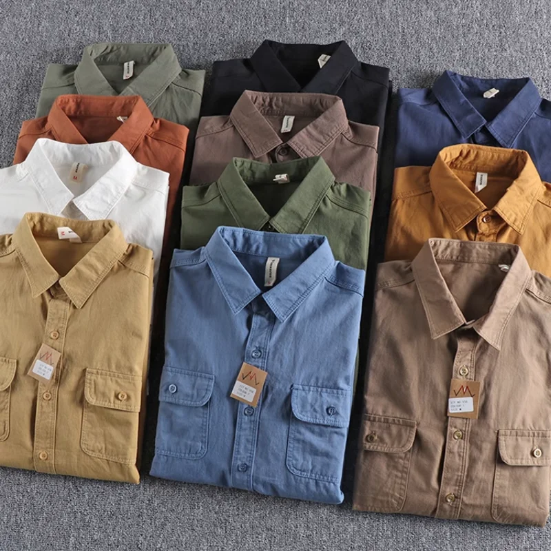 Spring and Autumn Men\'s Retro Long-sleeved Shirt New Twill Cotton Daily All-match Solid Color Tooling Shirt