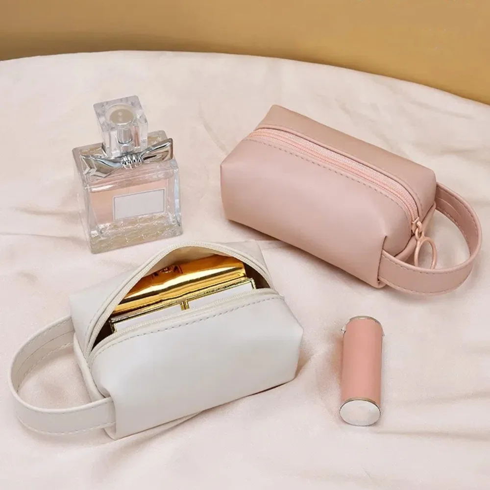 

Portable Handbag Mini Makeup Bag PU Leather Solid Color Toiletry Bag Waterproof Cosmetic Bag Travel