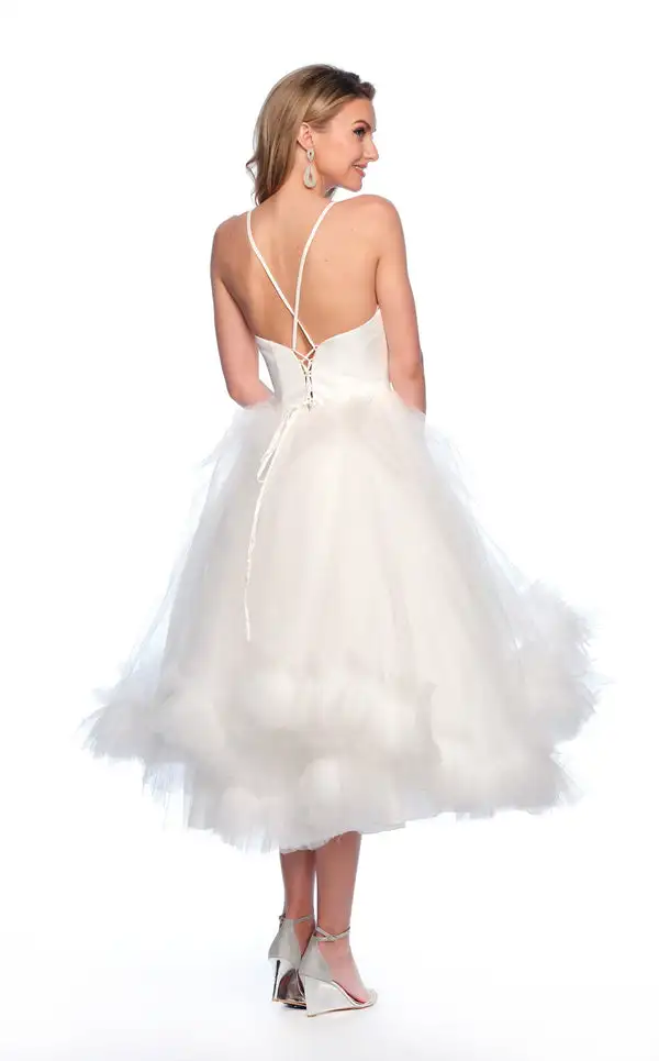 맞춤형 심플 튤 크리스크로스 보우 티어드 플리츠 A라인 스파게티 스트랩 미디 드레스 맞춤형 행사 드레스 포멀 패션