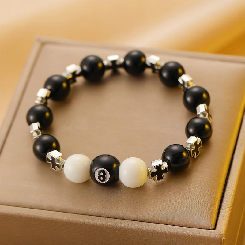 Billiard Black Ball 8 Beads Bracelet Men Women Handmade Cross Lucky Elastic Bracelet Male Hip Hop Jewelry Accessories
