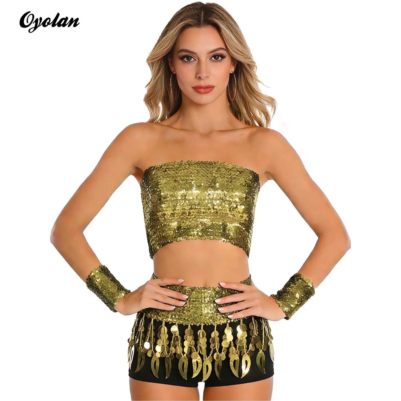

Женский наряд с блестками для джазовых танцев в стиле хип-хоп, костюм для дискотеки, корсет, укороченный топ с браслетами, мини-юбка с бахромой и блестками, Rave Clubwear