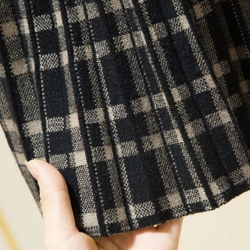 Saias de malha xadrez vintage para mulheres outono inverno elástico cintura alta emagrecimento saia plissada harajuku streetwear saia linha a