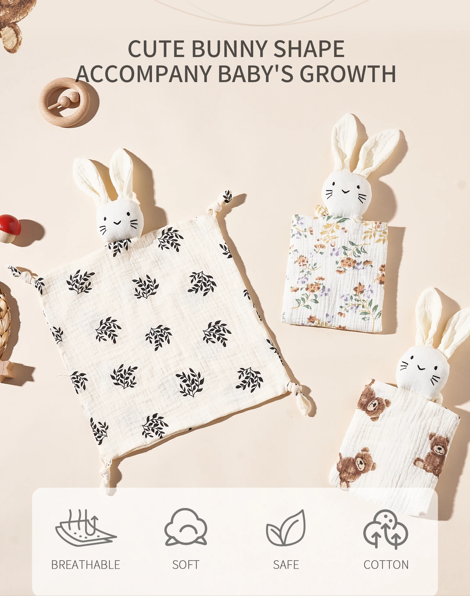 Baby Soothing Towel: Soft Rabbit Doll,Cotton Teether,Infant Comfort,Sleeping,Nursing, Cuddling Blanket Toys for Appeasing Babies view 5