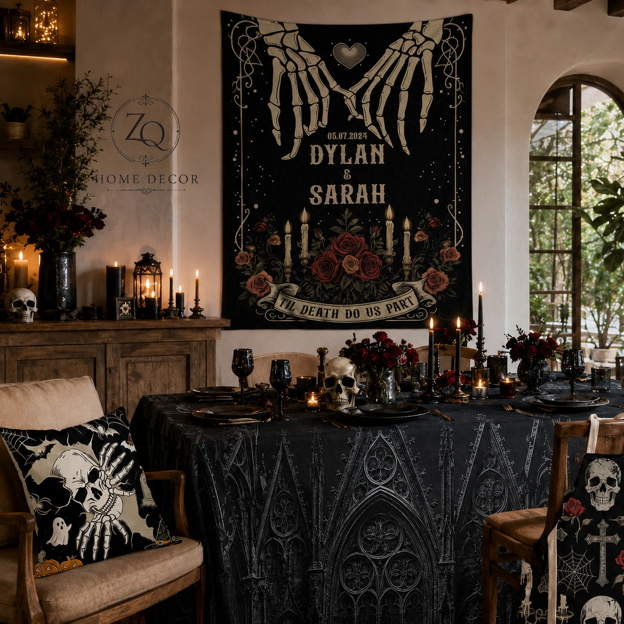 Love Until Death: Gothic Halloween Decoration Set with Romantic Skull Tapestry and Church Tablecloth