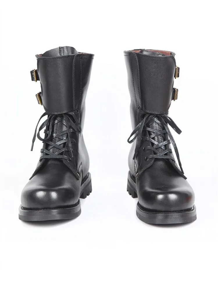 Male Comfortable Retro Style Handmade Genuine Leather Round Toe Hard Wearing Cowhide Motorcycle Boots Mid Heel High Top Footwear
