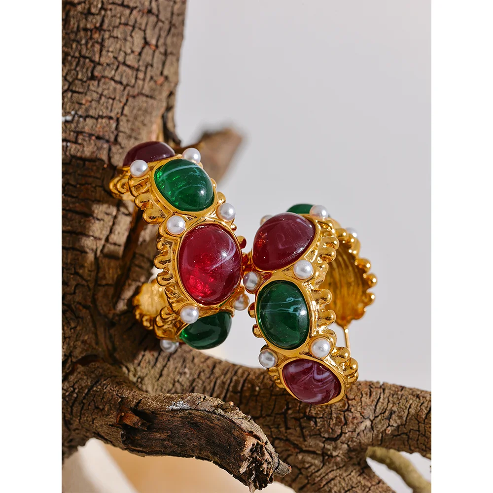 Yhpup Stainless Steel C-Shaped French Charm Earrings Jewelry Vintage Red Green Resin Stone Imitation Pearls Gold Color Bijoux
