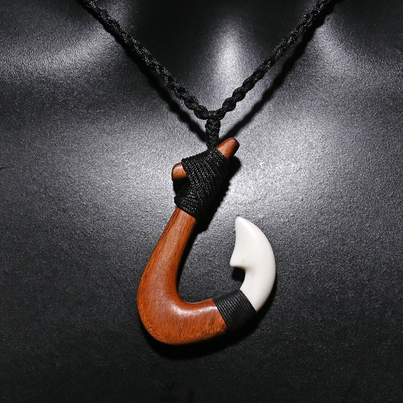 GX060 New Zealand Maori pendant Primitive tribes jewelry Handmade Carved wood fish Hook necklace yak bone necklaces for surfing