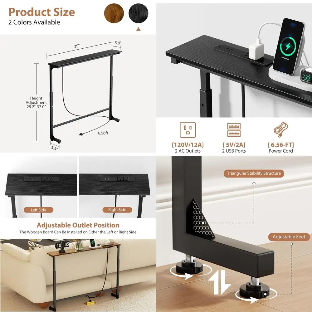 Narrow Adjustable Height Console Table with Power Outlets, Long Sofa Table with Charging Station, Skinny Entryway Table for Livi