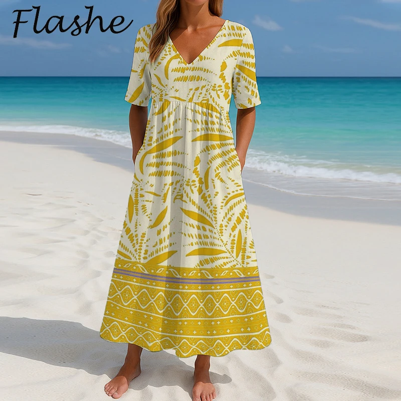 Letnia damska sukienka Luźne sukienki maxi dla kobiet Elegancka sukienka plażowa z krótkim rękawem w stylu vintage Boho