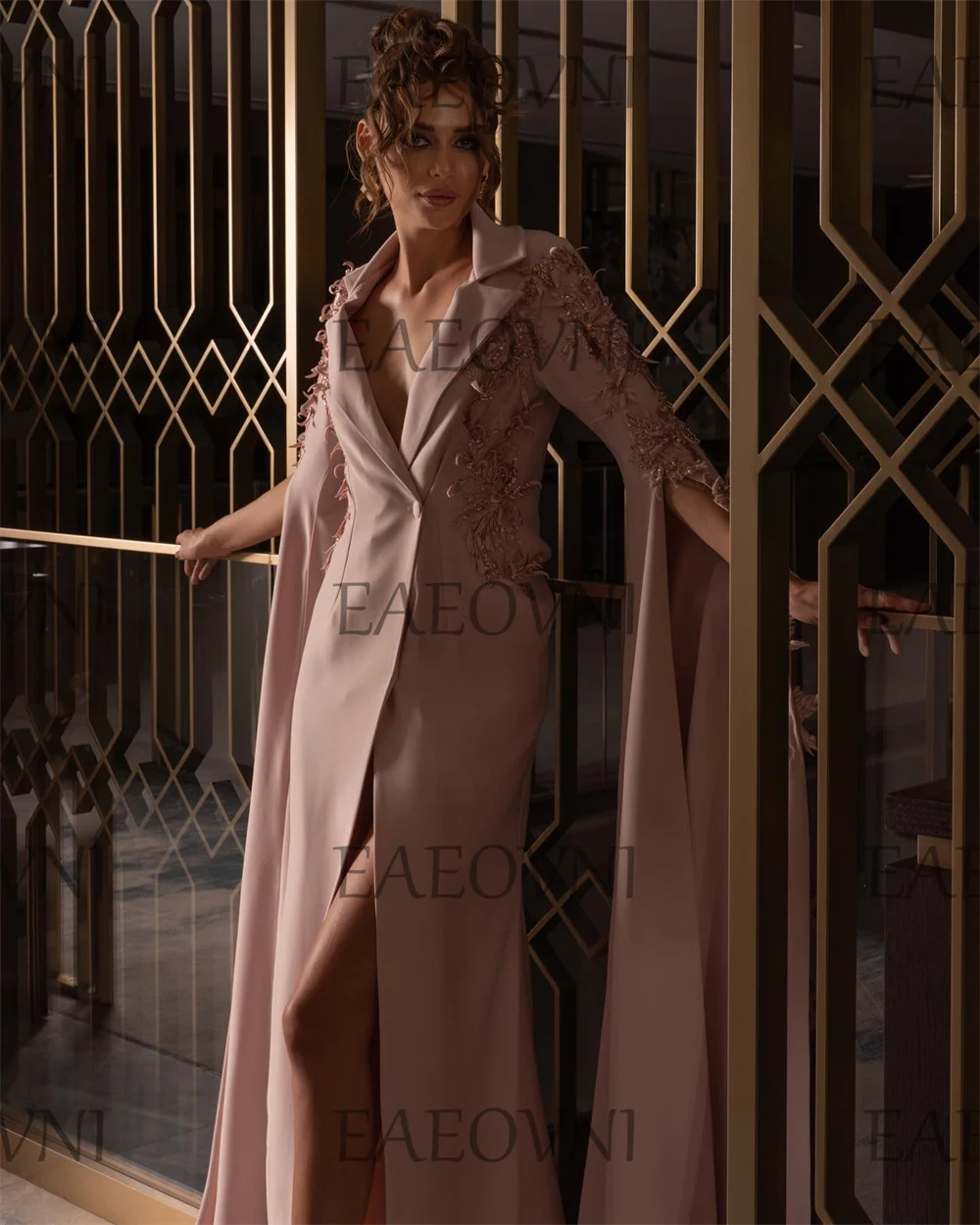 Customized Elegant Evening Gown For Women V-Neck Side High Slit 3D Applique Long Prom Dresses Exquisite Party فساتين مناسبة رسم